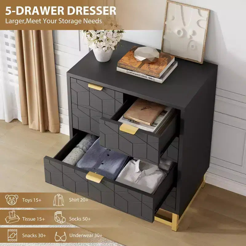 Commode à 5 tiroirs avec pieds en métal - Grand organiseur de rangement pour chambre, salon et entrée