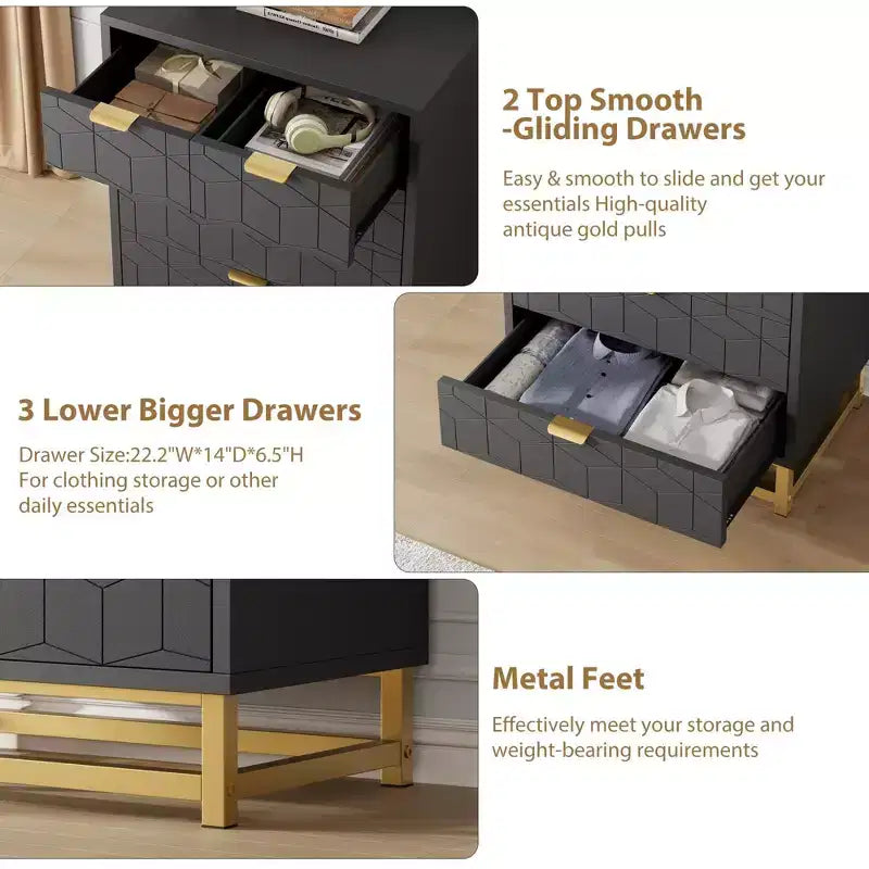 Commode à 5 tiroirs avec pieds en métal - Grand organiseur de rangement pour chambre, salon et entrée