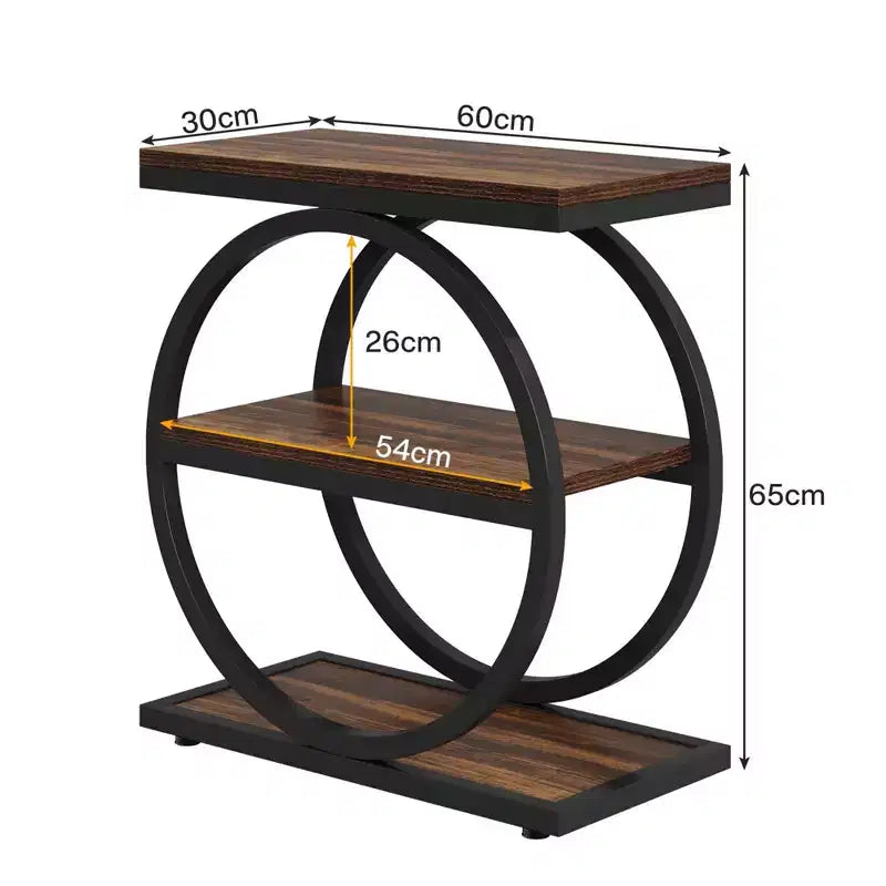 Table d'appoint industrielle marron à 3 niveaux avec cadre métallique rond pour canapé