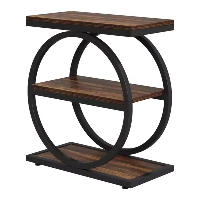 Table d'appoint industrielle marron à 3 niveaux avec cadre métallique rond pour canapé