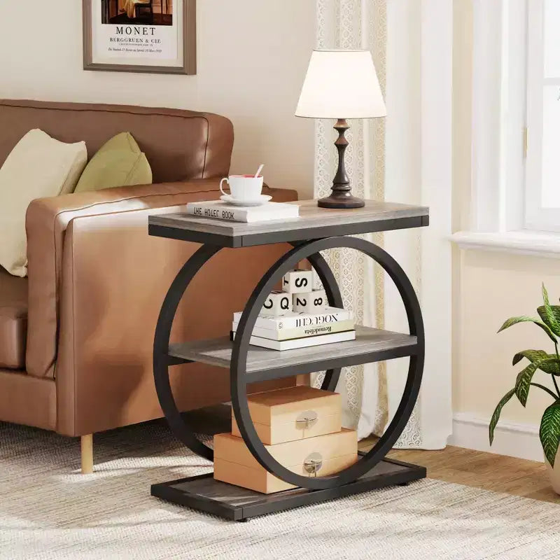 Table d'appoint industrielle marron à 3 niveaux avec cadre métallique rond pour canapé