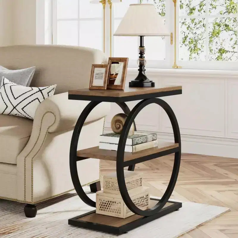 Table d'appoint industrielle marron à 3 niveaux avec cadre métallique rond pour canapé