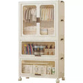Acekool Kids Wardrobe Closet with Doors & Wheels, 3-Tier Portable Storage Cabinet with Hanging Rod, Organizer for Nursery or Bedroom
