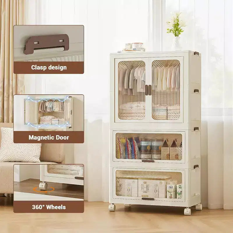 Armoire de rangement Acekool pour enfants avec portes et roulettes, placard de rangement portable à 3 niveaux avec tringle à vêtements, organisateur pour chambre d'enfant ou crèche