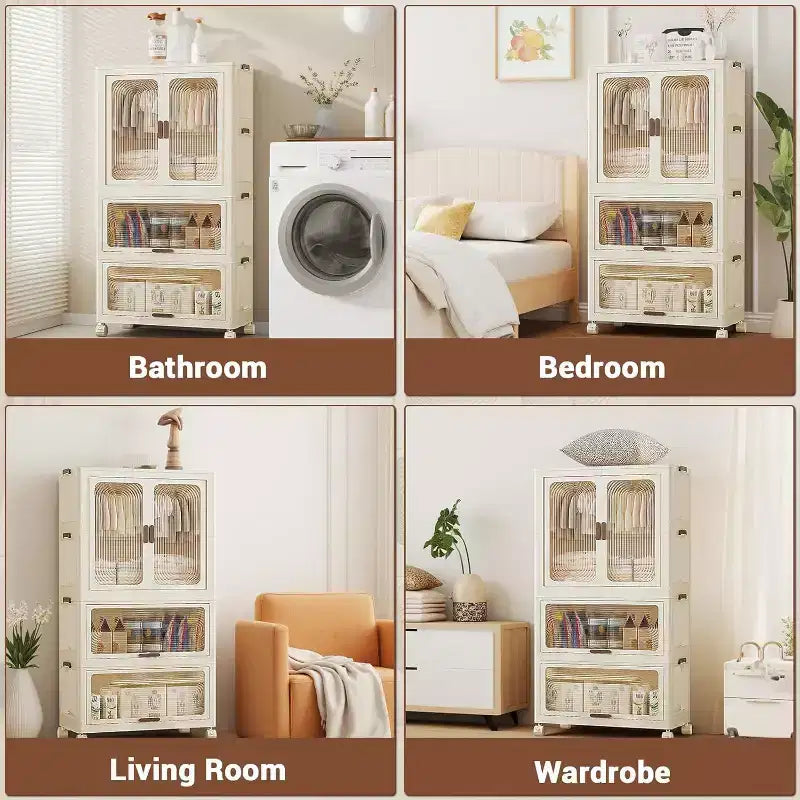 Armoire de rangement Acekool pour enfants avec portes et roulettes, placard de rangement portable à 3 niveaux avec tringle à vêtements, organisateur pour chambre d'enfant ou crèche