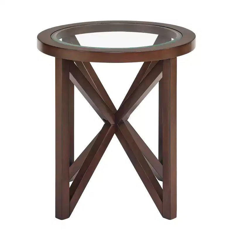 Table basse ronde en verre Okak, design moderne et simple, base en bois massif, plateau en verre trempé transparent, table d'étude pour salon ou terrasse