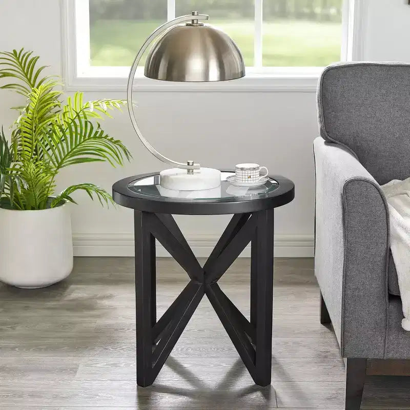 Table basse ronde en verre Okak, design moderne et simple, base en bois massif, plateau en verre trempé transparent, table d'étude pour salon ou terrasse