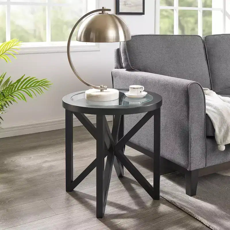 Table basse ronde en verre Okak, design moderne et simple, base en bois massif, plateau en verre trempé transparent, table d'étude pour salon ou terrasse
