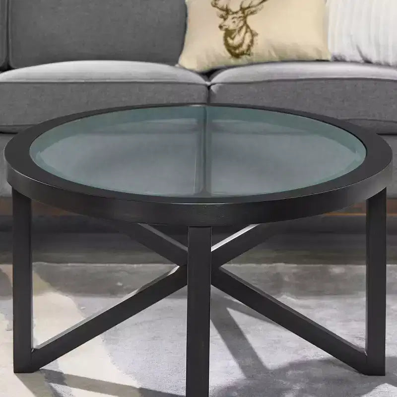 Table basse ronde en verre Okak, design moderne et simple, base en bois massif, plateau en verre trempé transparent, table d'étude pour salon ou terrasse