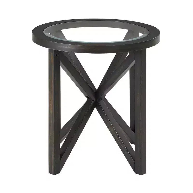 Table basse ronde en verre Okak, design moderne et simple, base en bois massif, plateau en verre trempé transparent, table d'étude pour salon ou terrasse