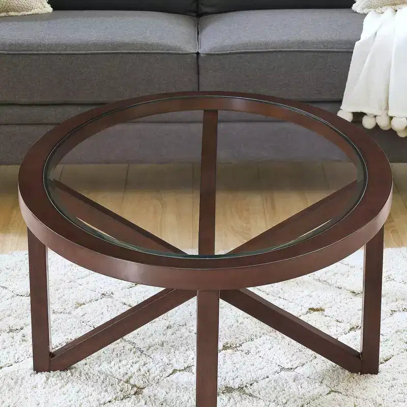 Table basse ronde en verre Okak, design moderne et simple, base en bois massif, plateau en verre trempé transparent, table d'étude pour salon ou terrasse