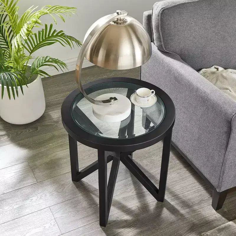 Okak Round Glass Coffee Table, Modern Simple Design, Solid Wood Base, Clear Tempered Glass Top, Living Room Terrace Study Table