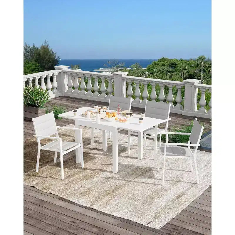 Ensemble de salle à manger d'extérieur extensible pour 4 à 6 personnes, table de patio rectangulaire réglable de 80 à 160 cm avec plateau aspect bois, cadre en aluminium durable