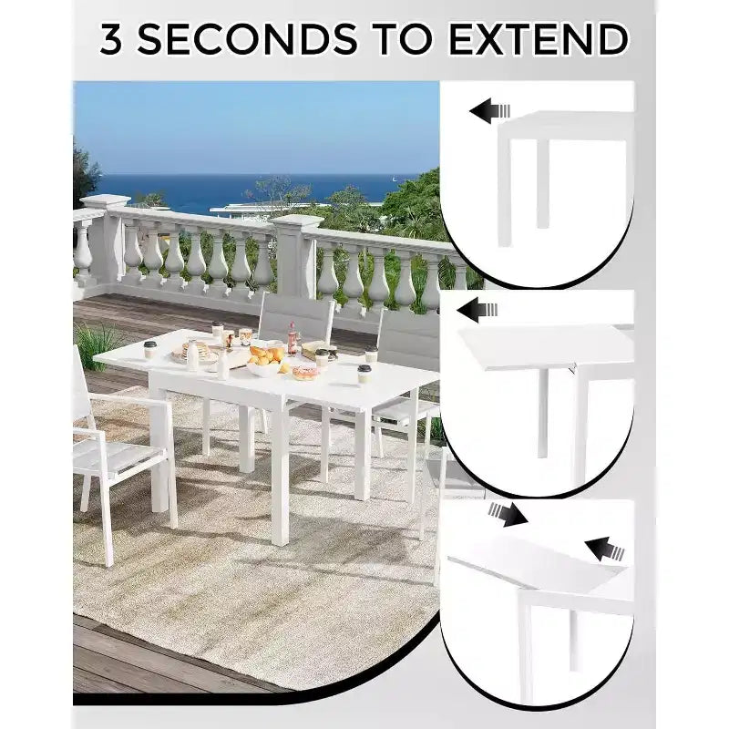 Ensemble de salle à manger d'extérieur extensible pour 4 à 6 personnes, table de patio rectangulaire réglable de 80 à 160 cm avec plateau aspect bois, cadre en aluminium durable