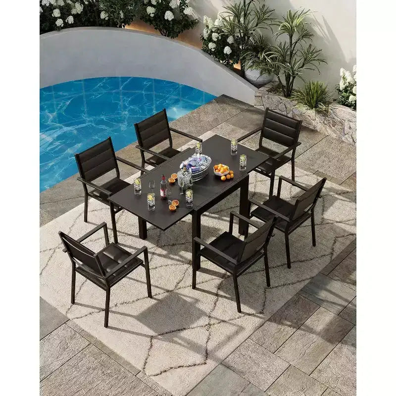 Ensemble de salle à manger d'extérieur extensible pour 4 à 6 personnes, table de patio rectangulaire réglable de 80 à 160 cm avec plateau aspect bois, cadre en aluminium durable