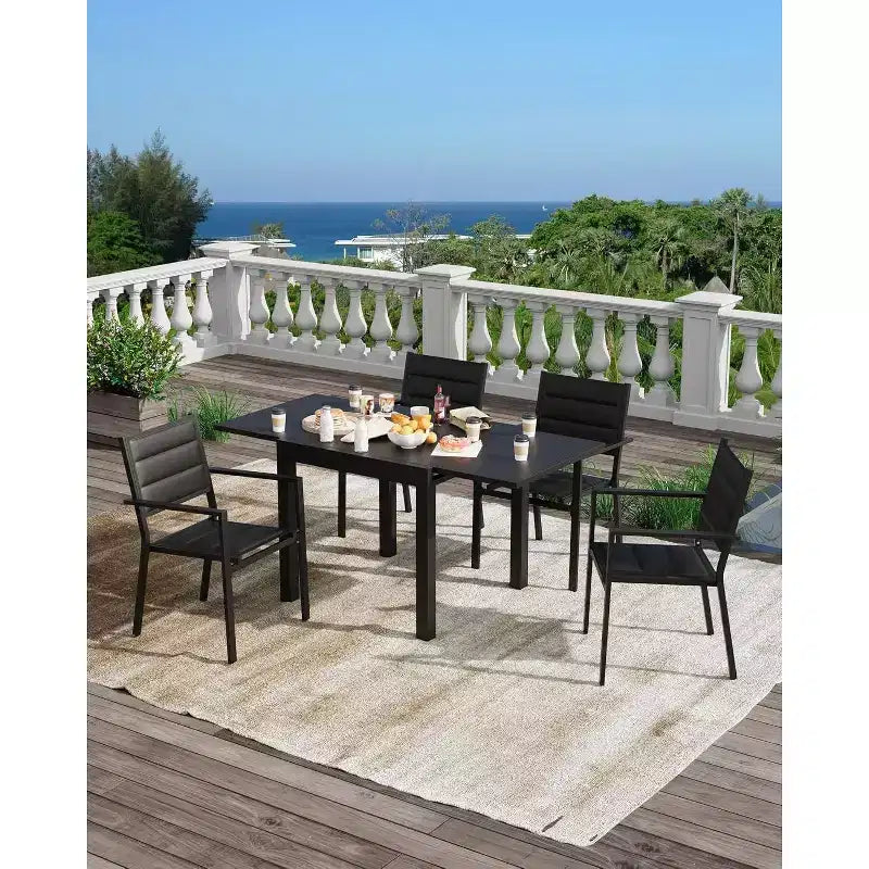Ensemble de salle à manger d'extérieur extensible pour 4 à 6 personnes, table de patio rectangulaire réglable de 80 à 160 cm avec plateau aspect bois, cadre en aluminium durable