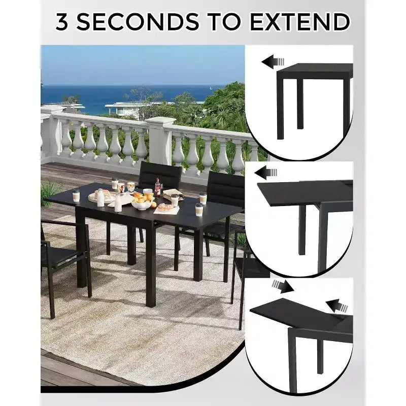 Ensemble de salle à manger d'extérieur extensible pour 4 à 6 personnes, table de patio rectangulaire réglable de 80 à 160 cm avec plateau aspect bois, cadre en aluminium durable