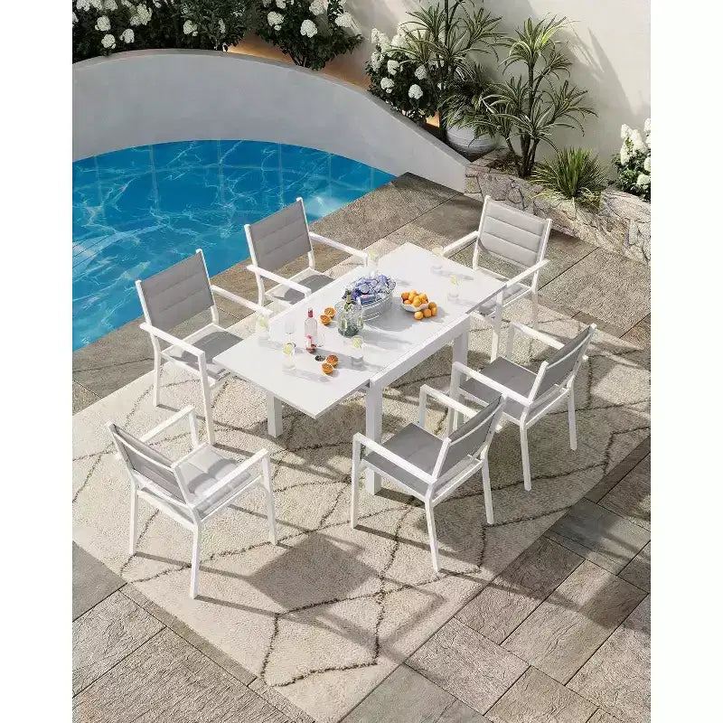 Ensemble de salle à manger d'extérieur extensible pour 4 à 6 personnes, table de patio rectangulaire réglable de 80 à 160 cm avec plateau aspect bois, cadre en aluminium durable