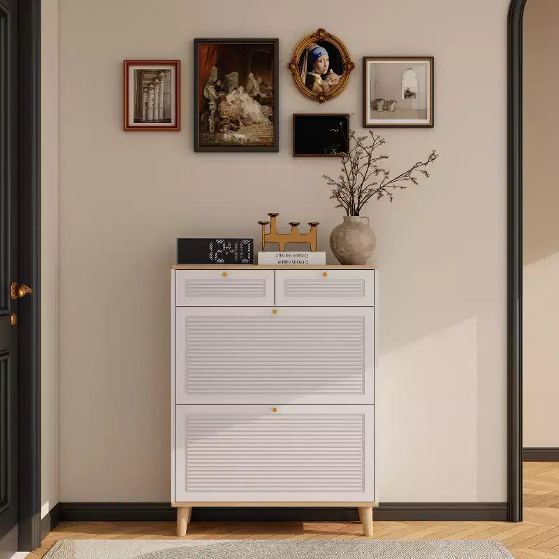 MAYEERTY Shoe Racks with 2 flip Out Doors 2 Drawers Narrow Shoe Rack Cabinet Natural Wood Legs