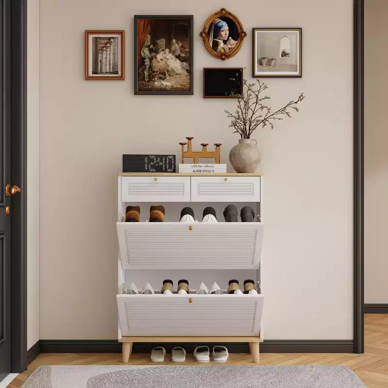 MAYEERTY Meuble à chaussures avec 2 portes abattantes, 2 tiroirs, meuble à chaussures étroit, pieds en bois naturel