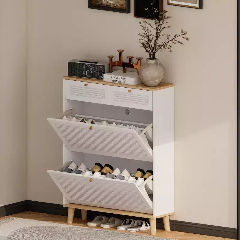 MAYEERTY Meuble à chaussures avec 2 portes abattantes, 2 tiroirs, meuble à chaussures étroit, pieds en bois naturel