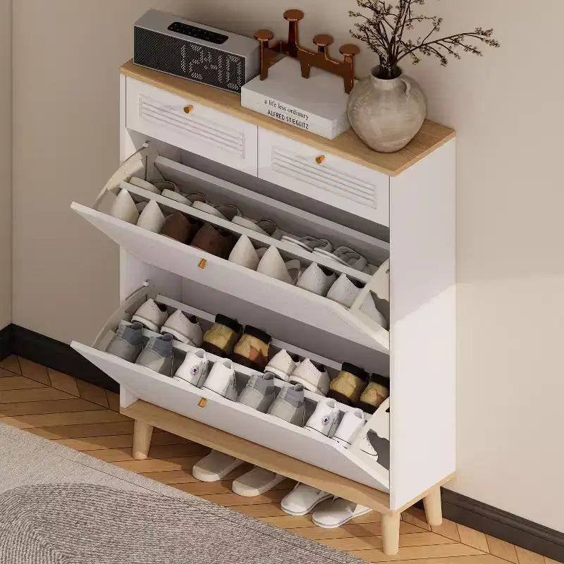 MAYEERTY Meuble à chaussures avec 2 portes abattantes, 2 tiroirs, meuble à chaussures étroit, pieds en bois naturel