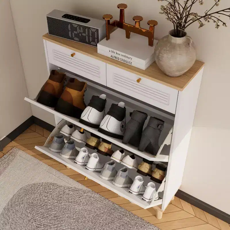 MAYEERTY Meuble à chaussures avec 2 portes abattantes, 2 tiroirs, meuble à chaussures étroit, pieds en bois naturel