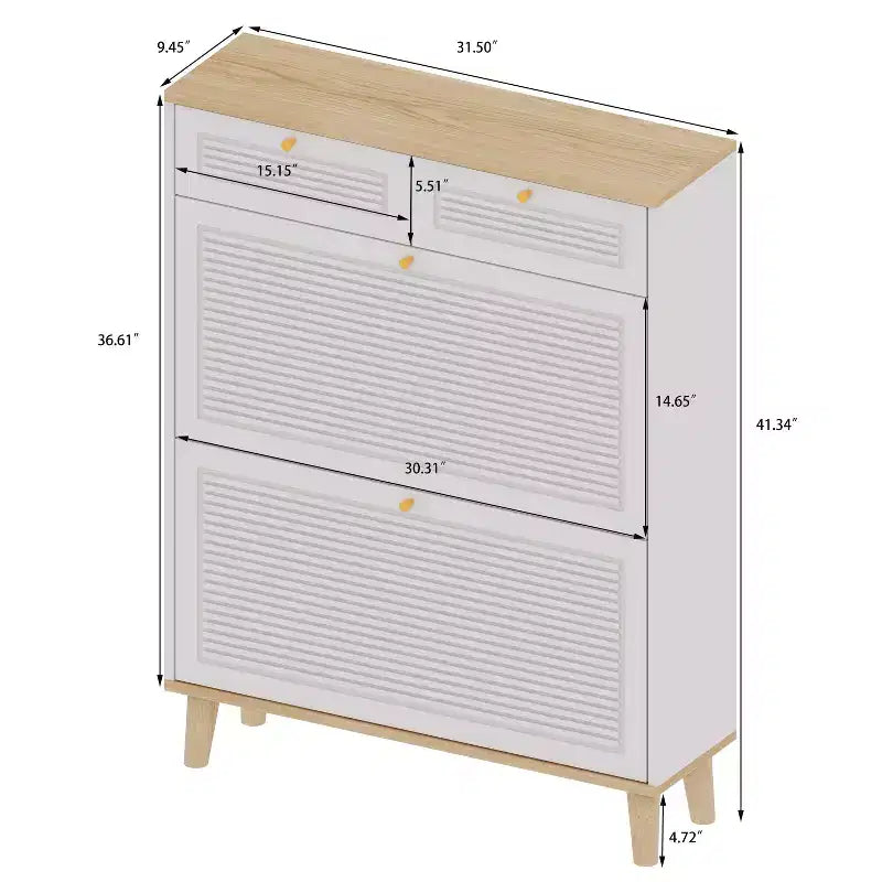 MAYEERTY Meuble à chaussures avec 2 portes abattantes, 2 tiroirs, meuble à chaussures étroit, pieds en bois naturel