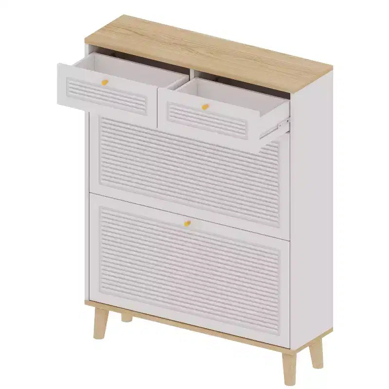 MAYEERTY Meuble à chaussures avec 2 portes abattantes, 2 tiroirs, meuble à chaussures étroit, pieds en bois naturel