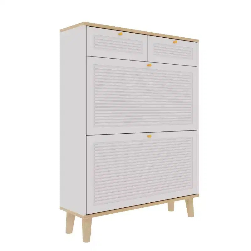 MAYEERTY Meuble à chaussures avec 2 portes abattantes, 2 tiroirs, meuble à chaussures étroit, pieds en bois naturel