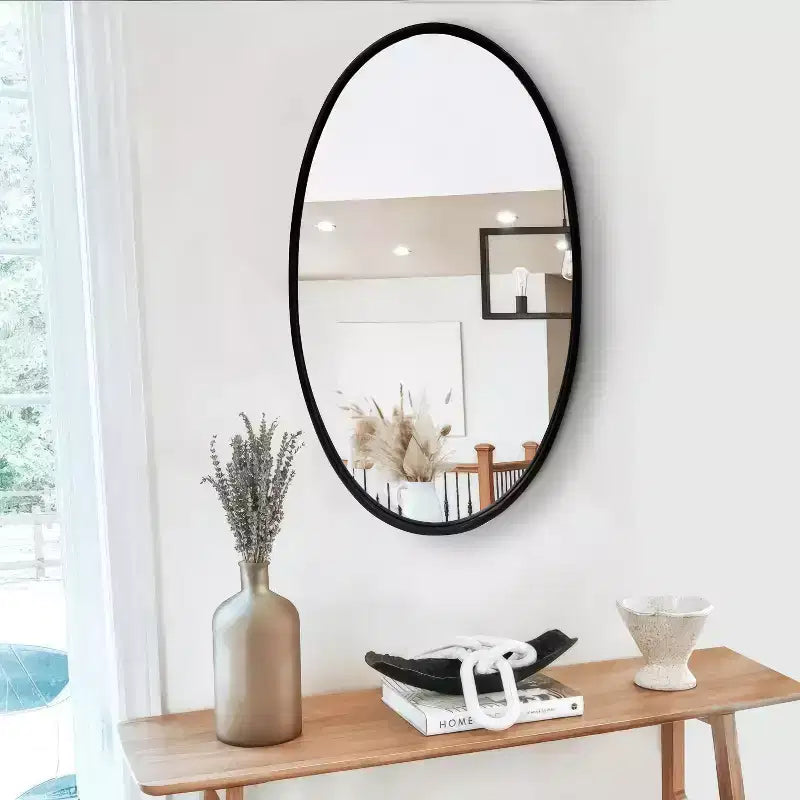 MAYEERTY Oval Decorative Metal Wall Mirror withh Framed Edges and Wooden Backing Black 30.98x20.98