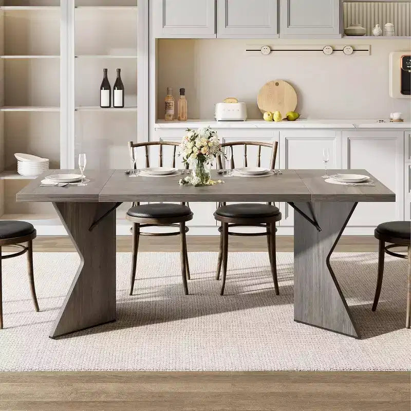 Table à manger rectangulaire de style rustique de 180 cm pour 6 personnes, plateau en bois épais avec piétement robuste en forme de V, idéale pour la cuisine, la salle à manger ou le bureau
