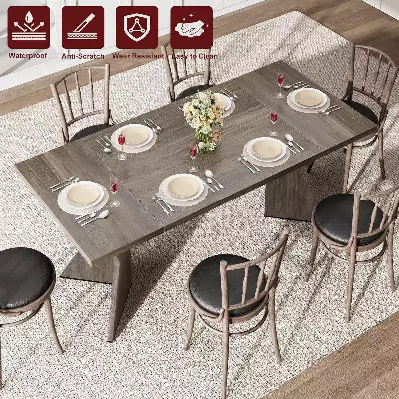 Table à manger rectangulaire de style rustique de 180 cm pour 6 personnes, plateau en bois épais avec piétement robuste en forme de V, idéale pour la cuisine, la salle à manger ou le bureau