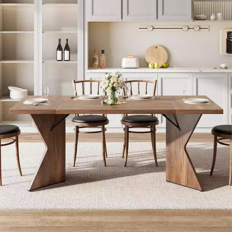 Table à manger rectangulaire de style rustique de 180 cm pour 6 personnes, plateau en bois épais avec piétement robuste en forme de V, idéale pour la cuisine, la salle à manger ou le bureau