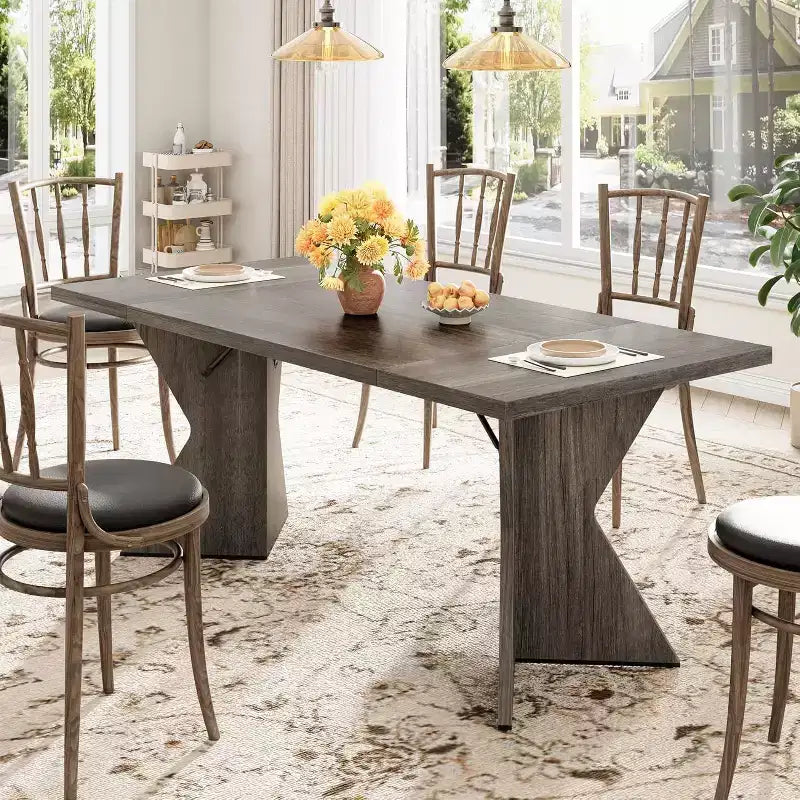 Table à manger rectangulaire de style rustique de 180 cm pour 6 personnes, plateau en bois épais avec piétement robuste en forme de V, idéale pour la cuisine, la salle à manger ou le bureau