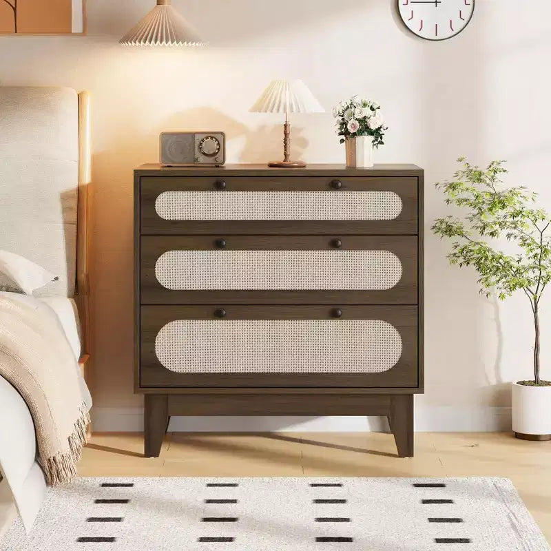 Rattan 3 Different Drawer Dresser for Bedroom,Natural Modern Closet Dresser with Wooden, Handles and Wooden Legs