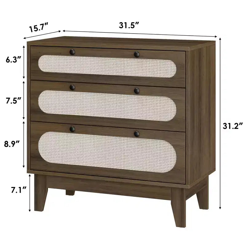 Commode de chambre en rotin à 3 tiroirs, commode moderne naturelle avec poignées et pieds en bois