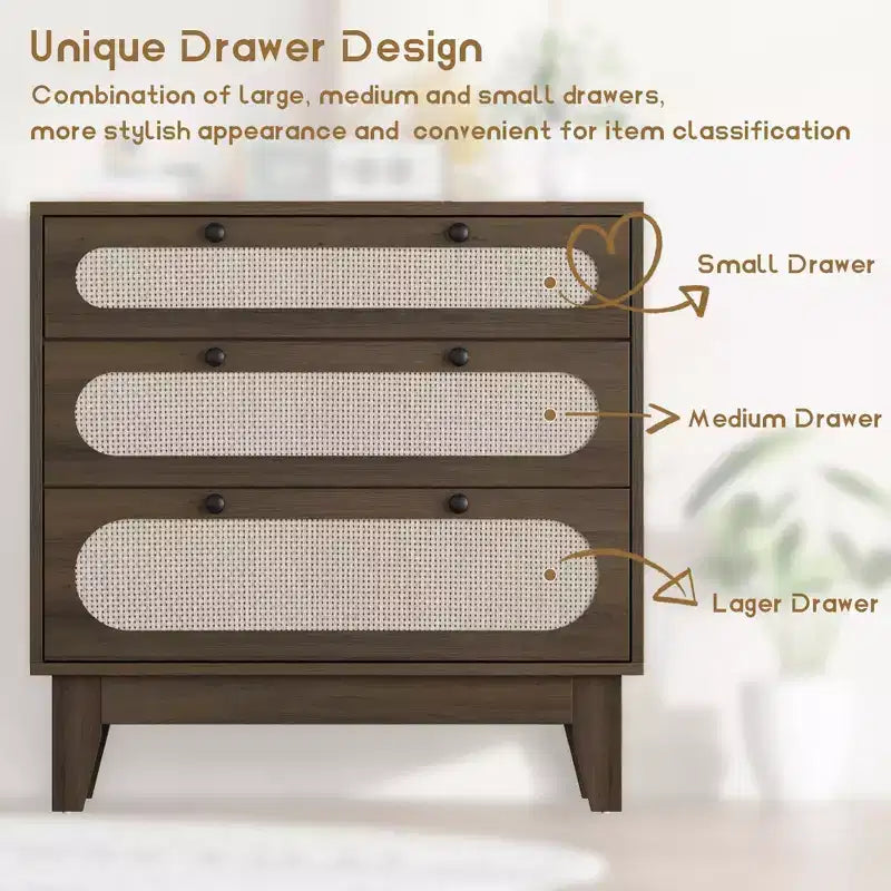 Commode de chambre en rotin à 3 tiroirs, commode moderne naturelle avec poignées et pieds en bois