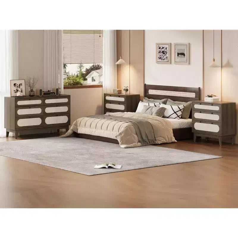 Commode de chambre en rotin à 3 tiroirs, commode moderne naturelle avec poignées et pieds en bois