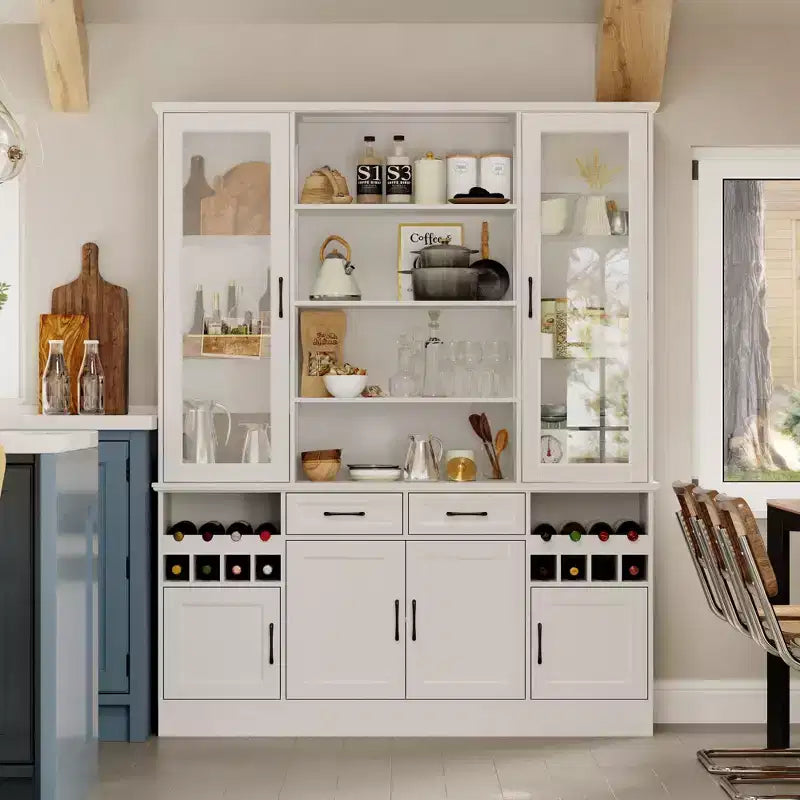Famapy White Kitchen Cabinet: Glass Doors, Wine Rack,Multi - Storage Zones  Perfect for Display & Storage