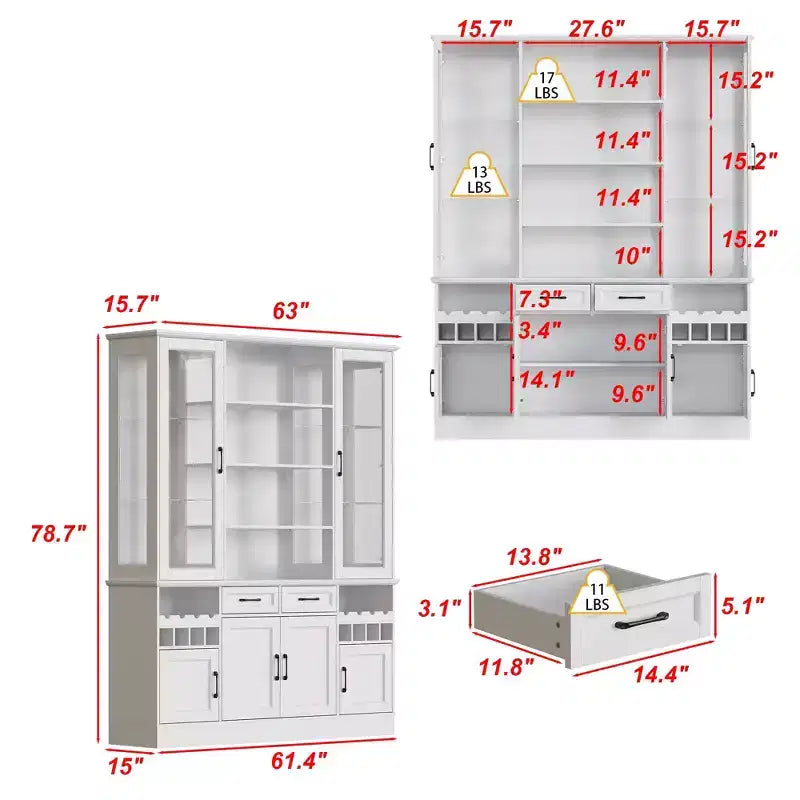 Meuble de cuisine blanc Famapy : Portes en verre, casier à vin, zones de rangement multiples. Idéal pour l'exposition et le rangement.