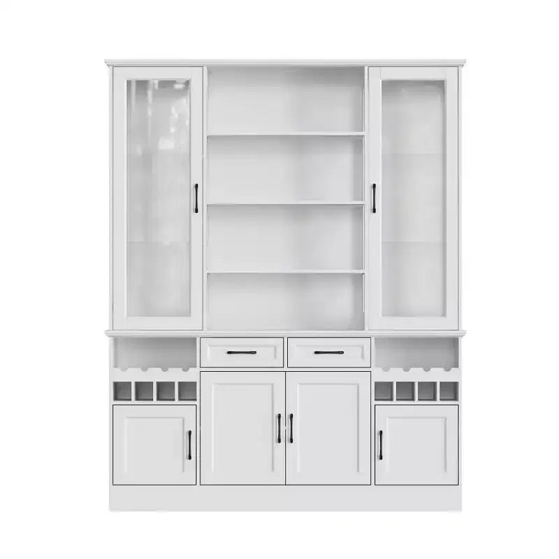 Meuble de cuisine blanc Famapy : Portes en verre, casier à vin, zones de rangement multiples. Idéal pour l'exposition et le rangement.