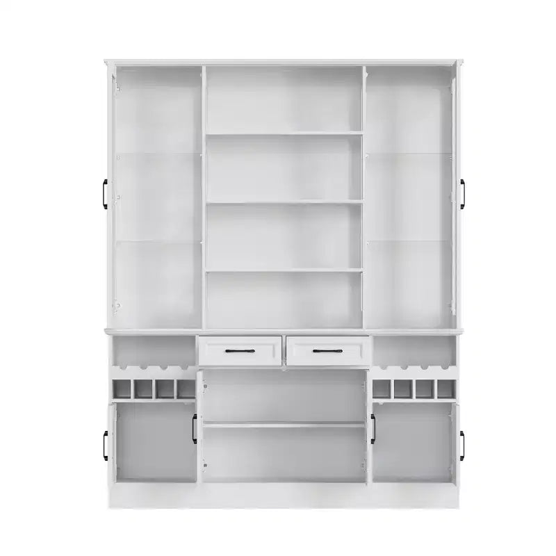 Meuble de cuisine blanc Famapy : Portes en verre, casier à vin, zones de rangement multiples. Idéal pour l'exposition et le rangement.