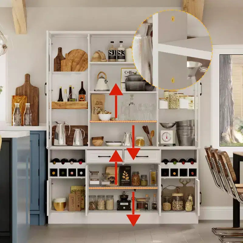 Meuble de cuisine blanc Famapy : Portes en verre, casier à vin, zones de rangement multiples. Idéal pour l'exposition et le rangement.