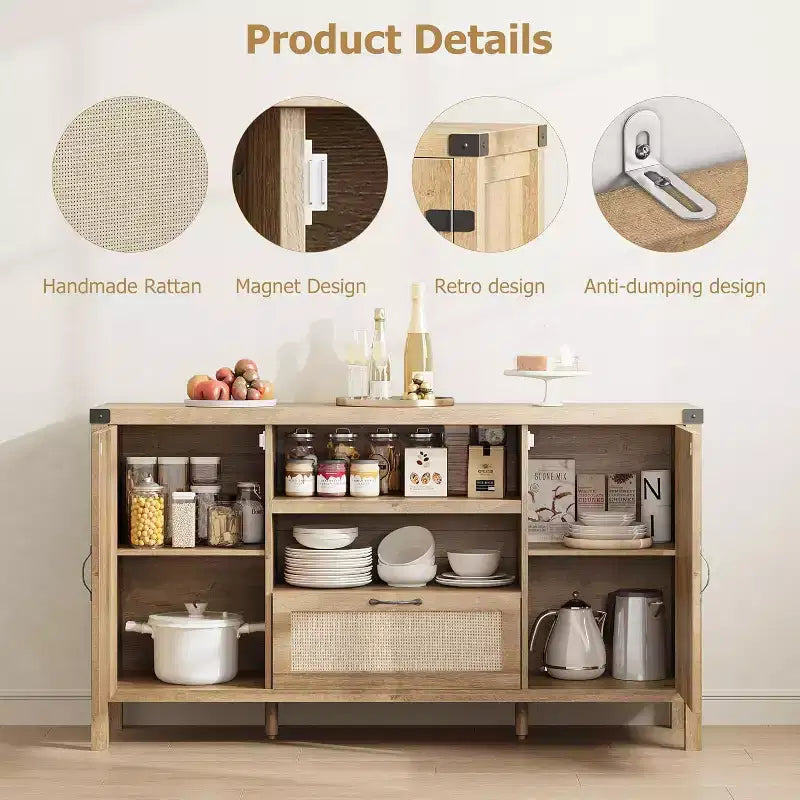 Acekool Buffet en rotin 120 cm, vaisselier avec portes, tiroir et étagère réglable, meuble de rangement bohème pour cuisine et salon, couleur bois