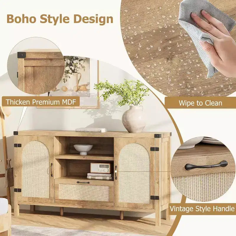 Acekool Buffet en rotin 120 cm, vaisselier avec portes, tiroir et étagère réglable, meuble de rangement bohème pour cuisine et salon, couleur bois