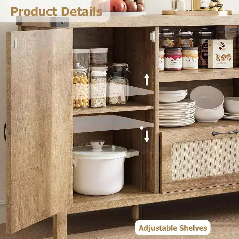 Acekool Buffet en rotin 120 cm, vaisselier avec portes, tiroir et étagère réglable, meuble de rangement bohème pour cuisine et salon, couleur bois