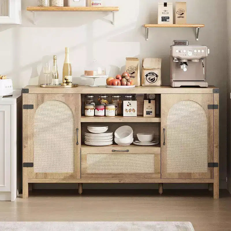 Acekool Buffet en rotin 120 cm, vaisselier avec portes, tiroir et étagère réglable, meuble de rangement bohème pour cuisine et salon, couleur bois