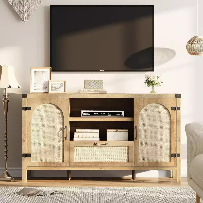 Acekool Buffet en rotin 120 cm, vaisselier avec portes, tiroir et étagère réglable, meuble de rangement bohème pour cuisine et salon, couleur bois