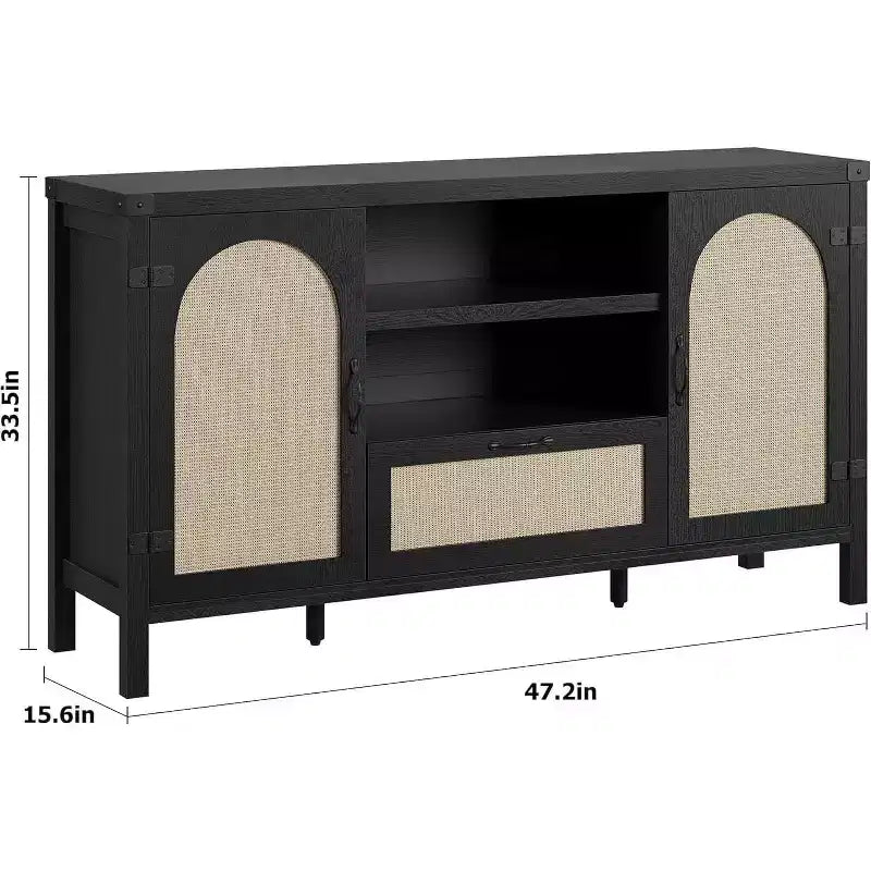 Acekool Buffet en rotin 120 cm, vaisselier avec portes, tiroir et étagère réglable, meuble de rangement bohème pour cuisine et salon, couleur bois
